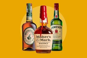 Three bottles of whiskey including Michters Makers Mark and Jameson brands