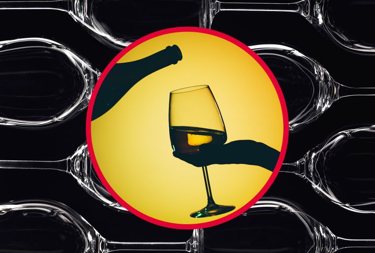 A photo composite of wine glasses with a photo of a wine bottle and wine glass. 