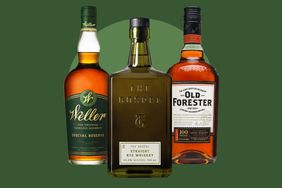 Three bottles of bourbon displayed side by side including Weller Special Reserve The Gospel Straight Rye and Old Forester 100 Proof