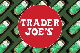 Trader Joes logo over a background of packaged food products