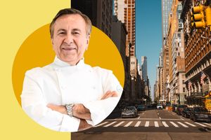 A portrait of Daniel Boulud over a background of a city street in New York City.