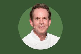Thomas Keller smiling in a white chef coat centered on a green background