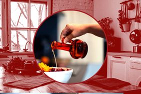 Hand pouring liquid from a bottle into a bowl, set in a styled kitchen background