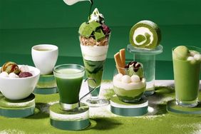 Variety of matchabased desserts displayed on a green background including parfaits cakes and beverages