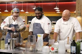Bailey Sullivan, Tristan Epps, Tom Colicchio in chefs coats on the set of Top Chef, using a food processor