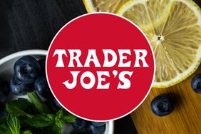 Trader Joes logo with blueberries mint leaves and lemon slices in the background
