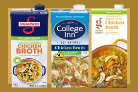 Cartons of Swanson Natural Goodness 35% Less Sodium Chicken Broth, College Inn 40% Less Sodium Chicken Broth, and Good & Gather Reduced Sodium Chicken Broth on a tan colored bordered background.