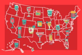Illustrated alcoholic beverages sporadically places on a map of the United States, on a red background.