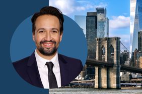 Lin-Manuel Miranda and a photo of the Brooklyn Bridge and Manhattan.